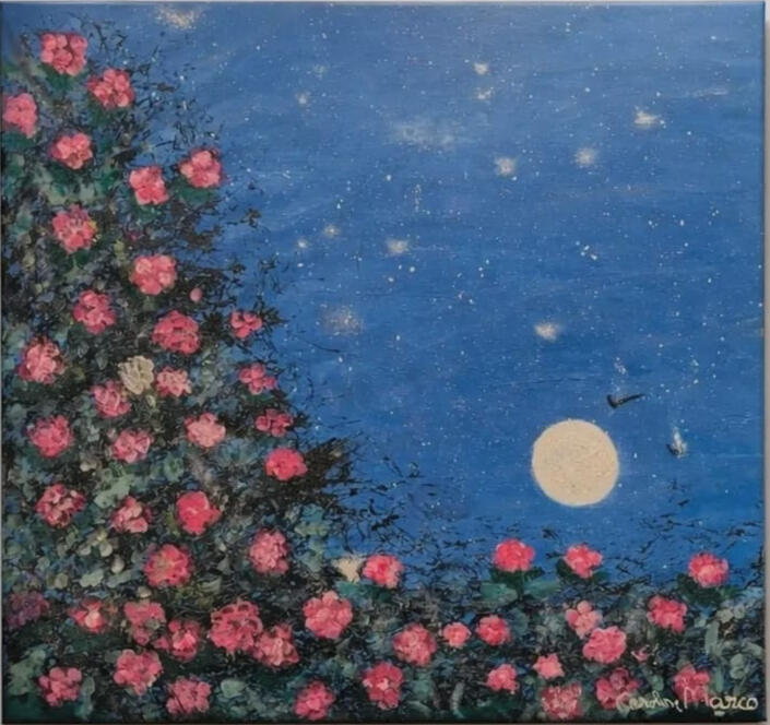 **Parfois, la nuit ne guérit pas… elle enveloppe.** Les heures y dansent doucement, entre les étoiles et les fleurs de cerisier, fragiles et courageuses à la fois. Sous la lune, cette œuvre est devenue une pensée silencieuse, une présence douce que l'on en