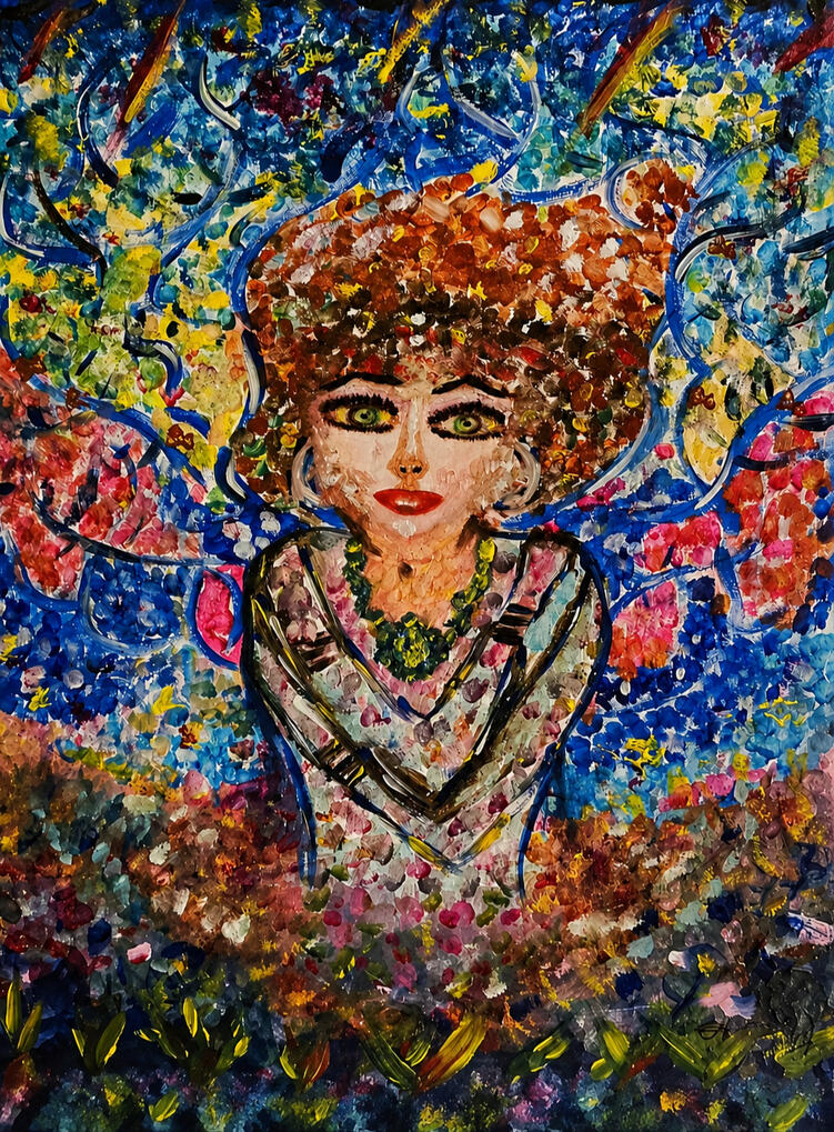 **Entre rêve et réalité, une présence émerge.** Son regard invite à ralentir, à entrer dans un univers où les couleurs deviennent émotions et où les formes semblent flotter entre le visible et l'imaginaire. Cette jeune femme onirique incarne une douceur pa